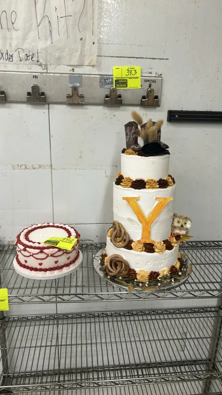 Faux display cake samples. Includes (1) single-tier round display cake with white and red decorative piped trim, and (1) 3-tier rustic western-themed