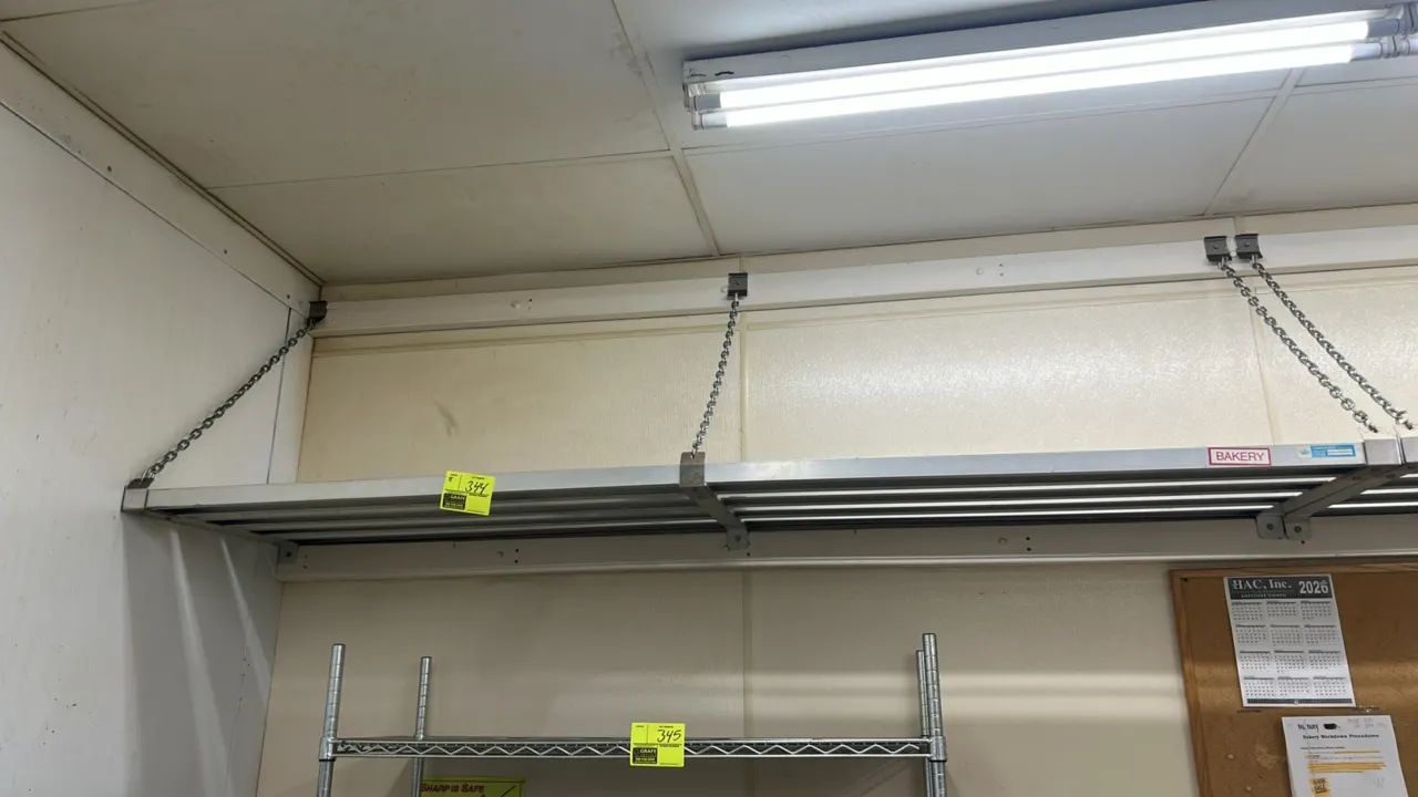 Metal wall shelves. Features tubular slatted construction, suspension chain supports, and wall mounting brackets. 8'L each.