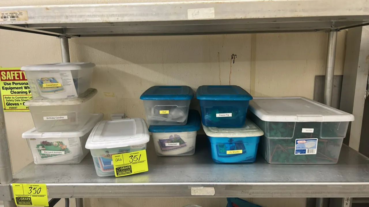 Assorted cake decorations and toppers in plastic storage bins. Includes various themes and accessories such as birthday candles, plastic palm trees, b