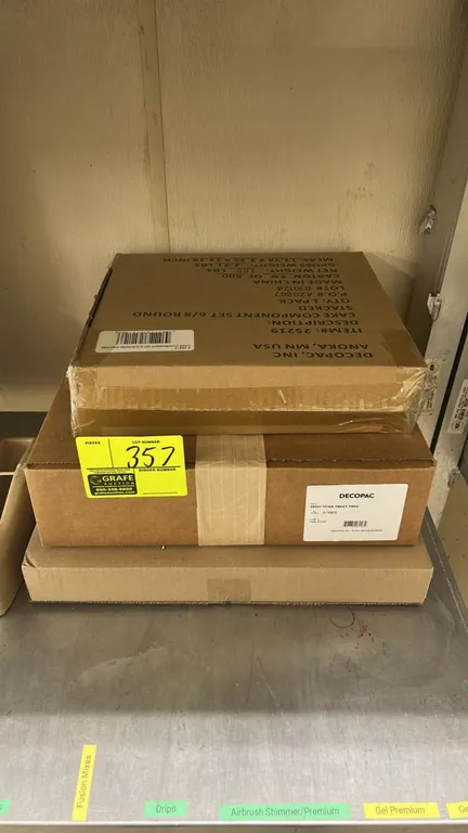 DecoPac cake display and stand sets. Includes Item #25219 6"/8" round stacked cake component set and Item #28027 3-tier treat trees (3 per package).