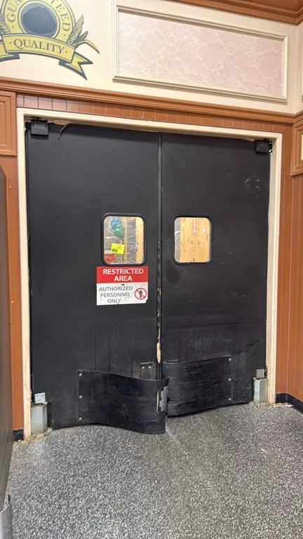 Polyethylene impact swing doors. Features clear viewing windows, lower impact bumpers, and heavy-duty swing hinges. Dimensions: 40.5"W x 94.5"H.