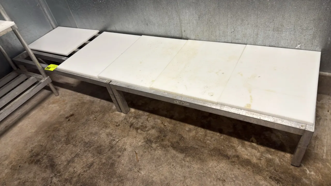 Aluminum dunnage racks. Features welded aluminum tubular frames with removable white poly top inserts. 4'L each.