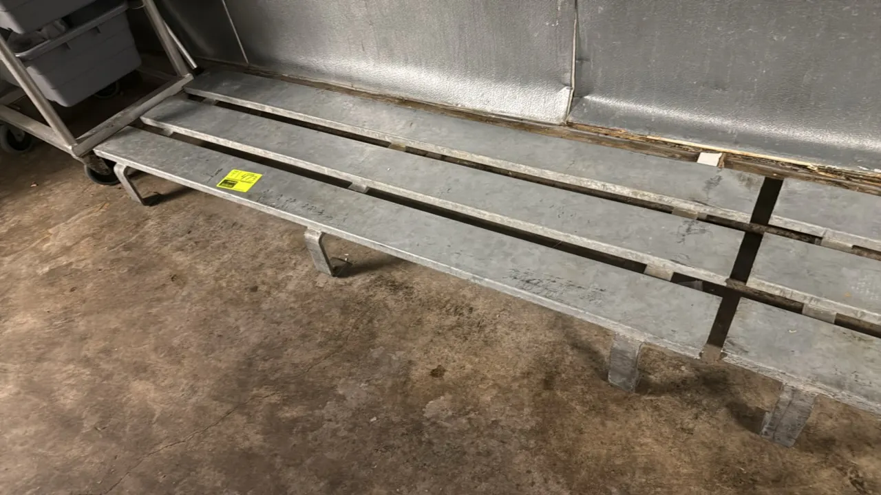 Galvanized metal dunnage racks. Features slatted top design. Includes (3) 6'L racks and (1) 4'L rack.