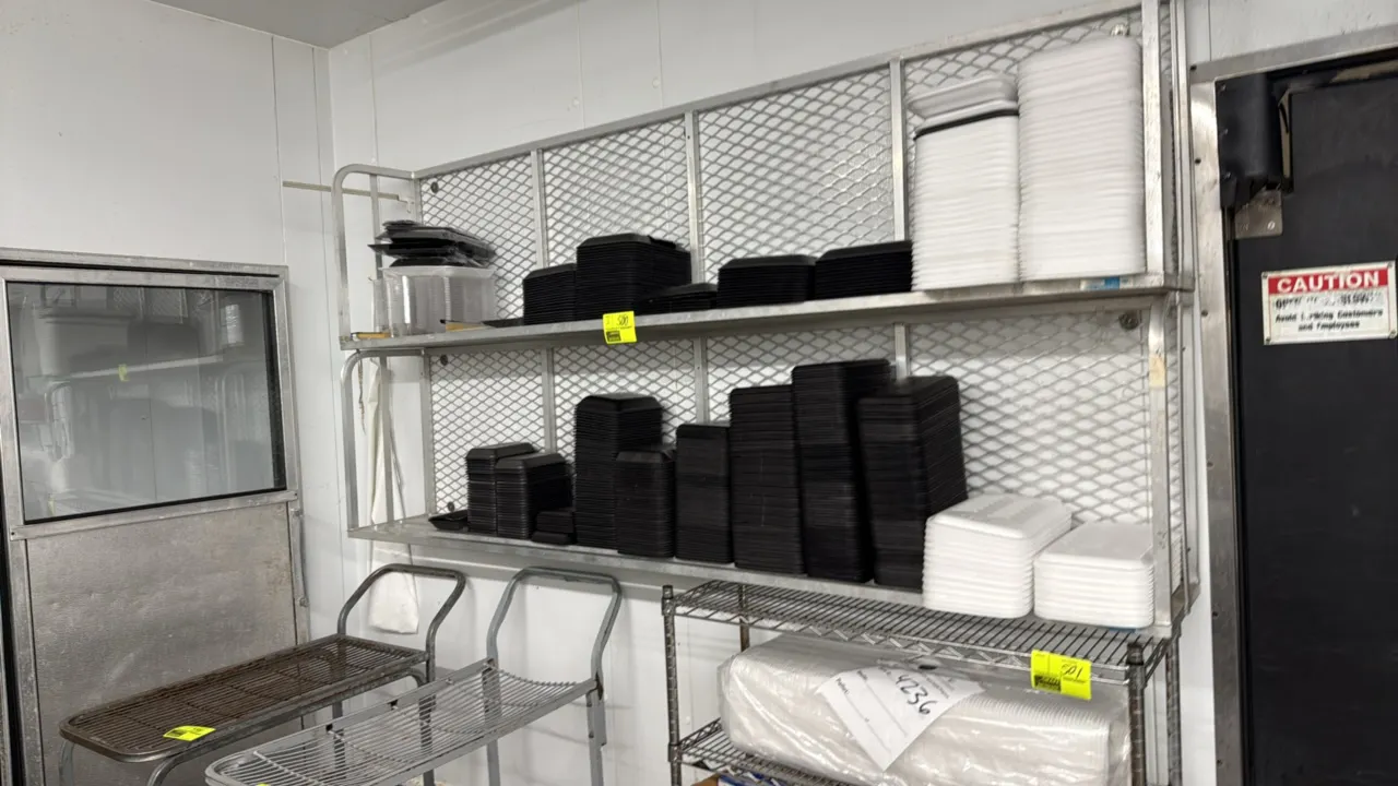 Aluminum meat boat racks. Features aluminum frame construction with expanded mesh backing. Wall-mount design. 8'L each. Contents not included.