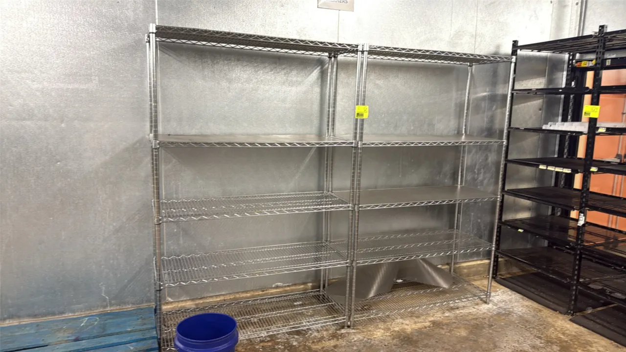 Seville Classics 5-tier wire shelving racks. Features chrome-plated steel construction, adjustable wire shelves, shelf liners, and leveling feet. NSF