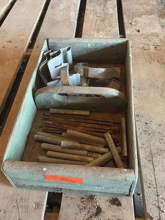 vintage wooden tote box containing miscellaneous