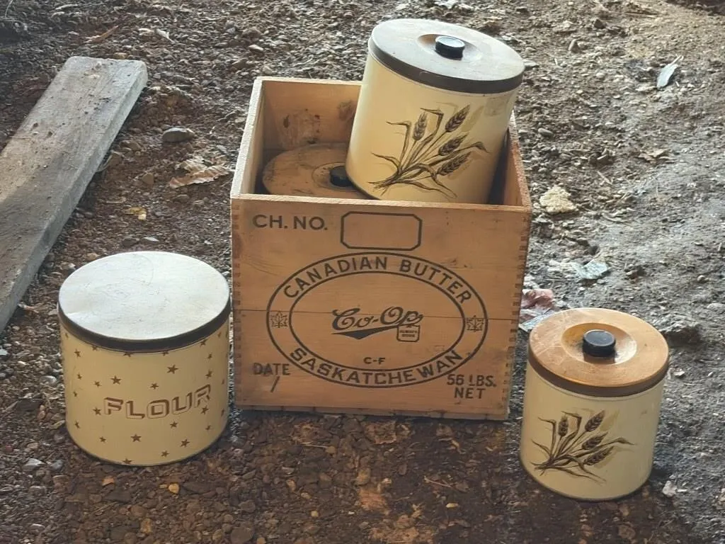 5 Vintage Tin Canisters & Coop Butter Crate