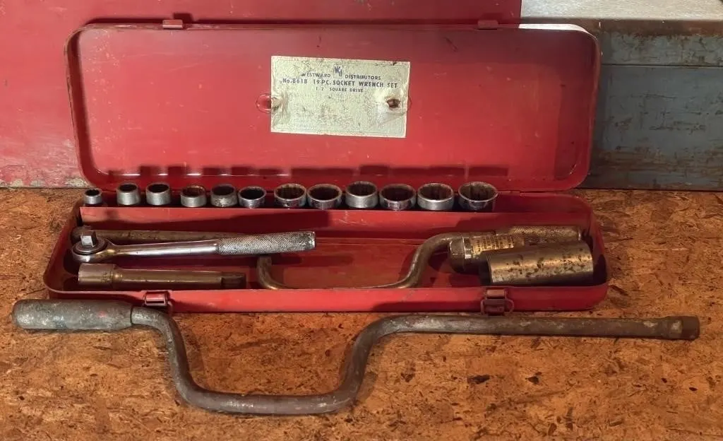 Incomplete set of sockets in a metal case.