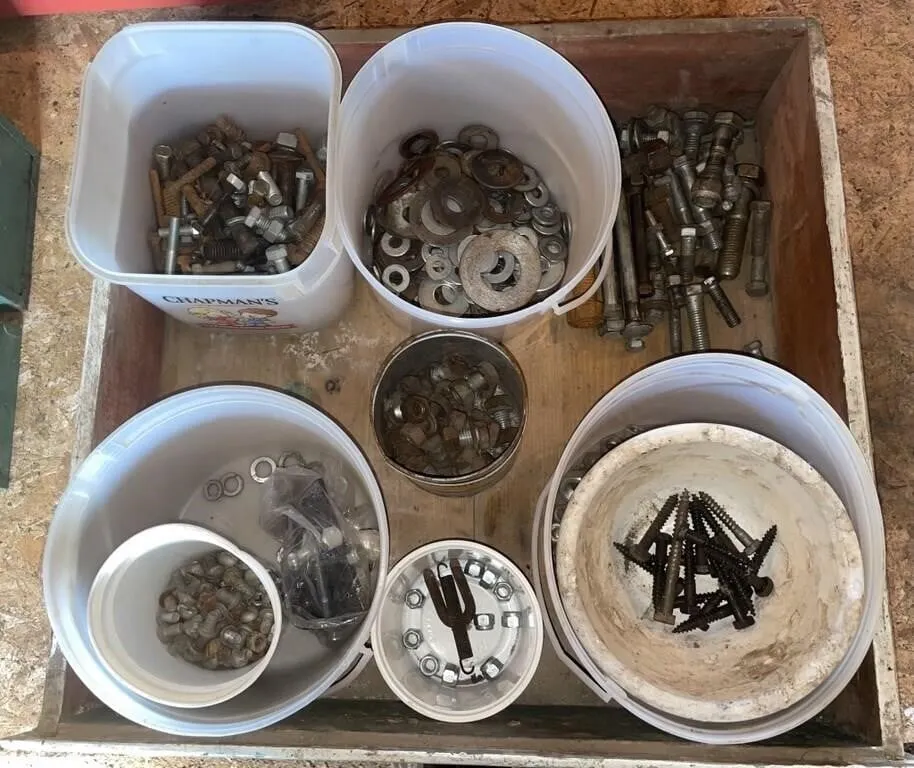 Assortment of nuts and bolts, and washers.