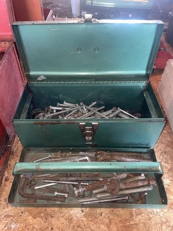 Toolbox with a variety of nuts and bolts, and hex