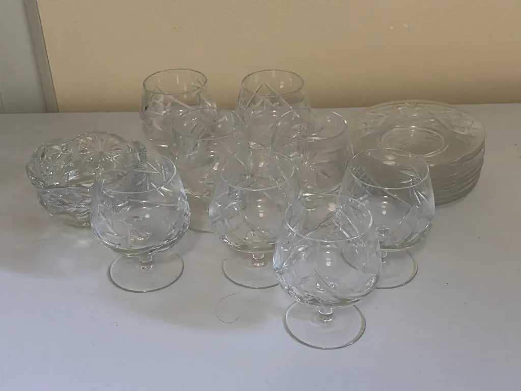 Crystal Whiskey Glasses with Dessert Plate & Bowl