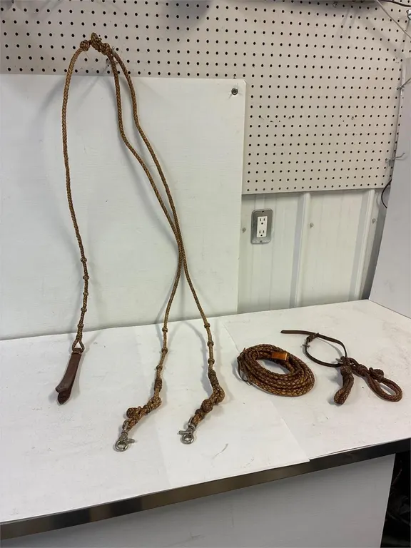 Hand braided rawhide reins. Rope and Rings