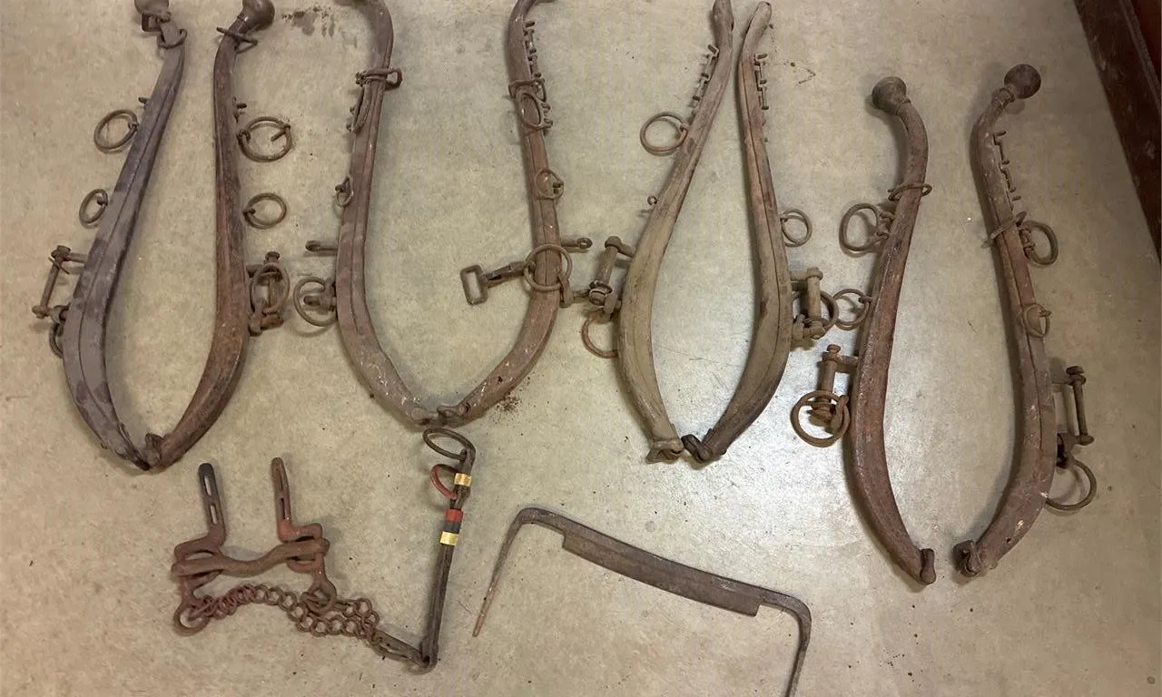 Metal Hames. Horse bit. Draw knife.