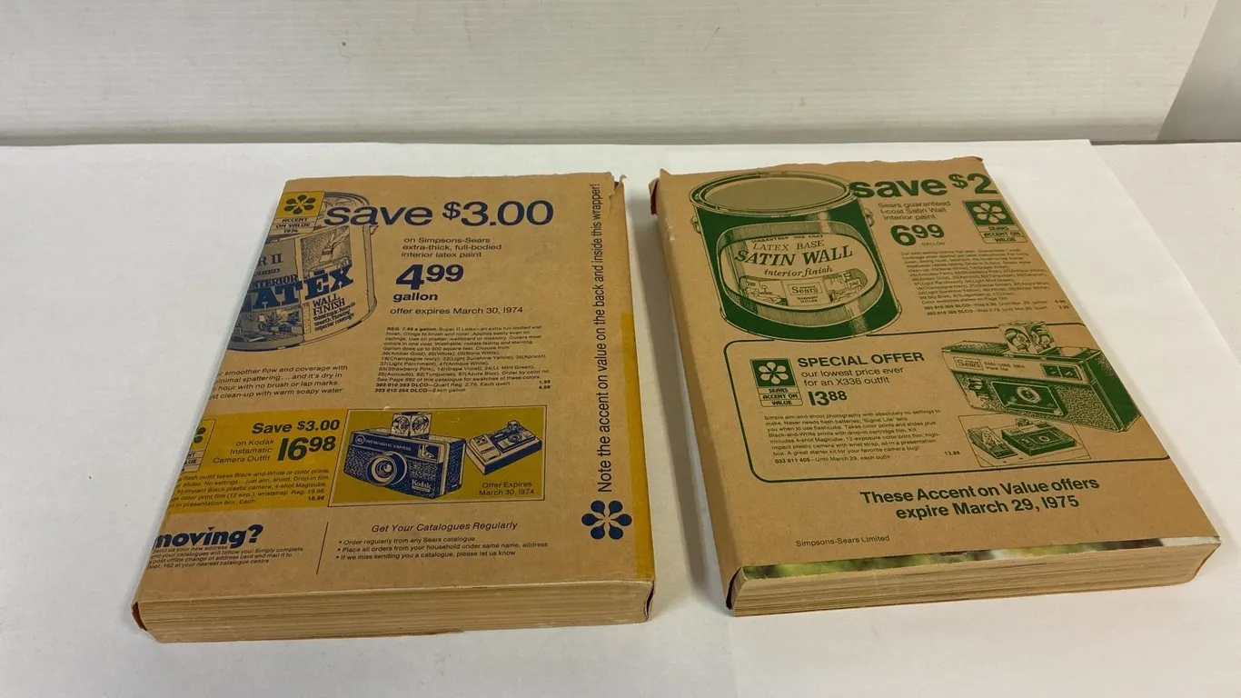 1974, 1975 Sears catalogs in paper sleeves