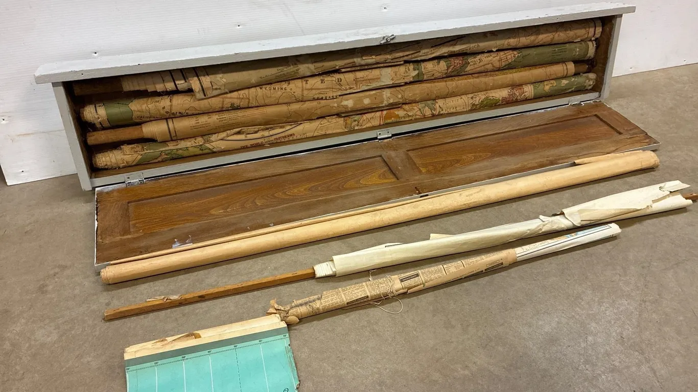 Antique School map case with maps. Needs tlc
