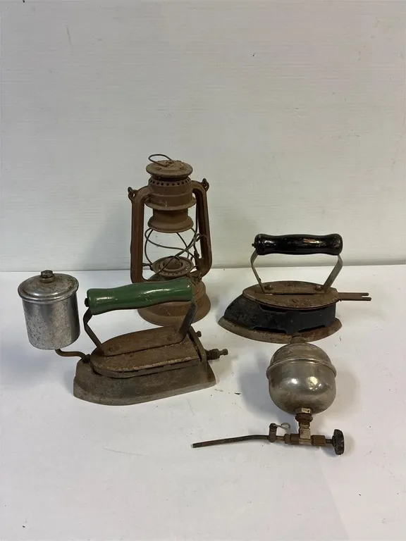 Gas irons and a lantern