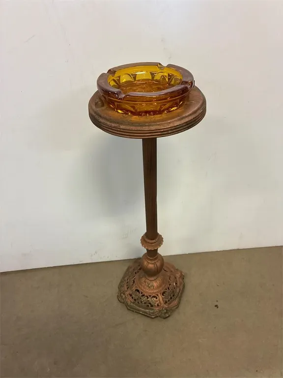 Metal ashtray stand and amber glass ashtray