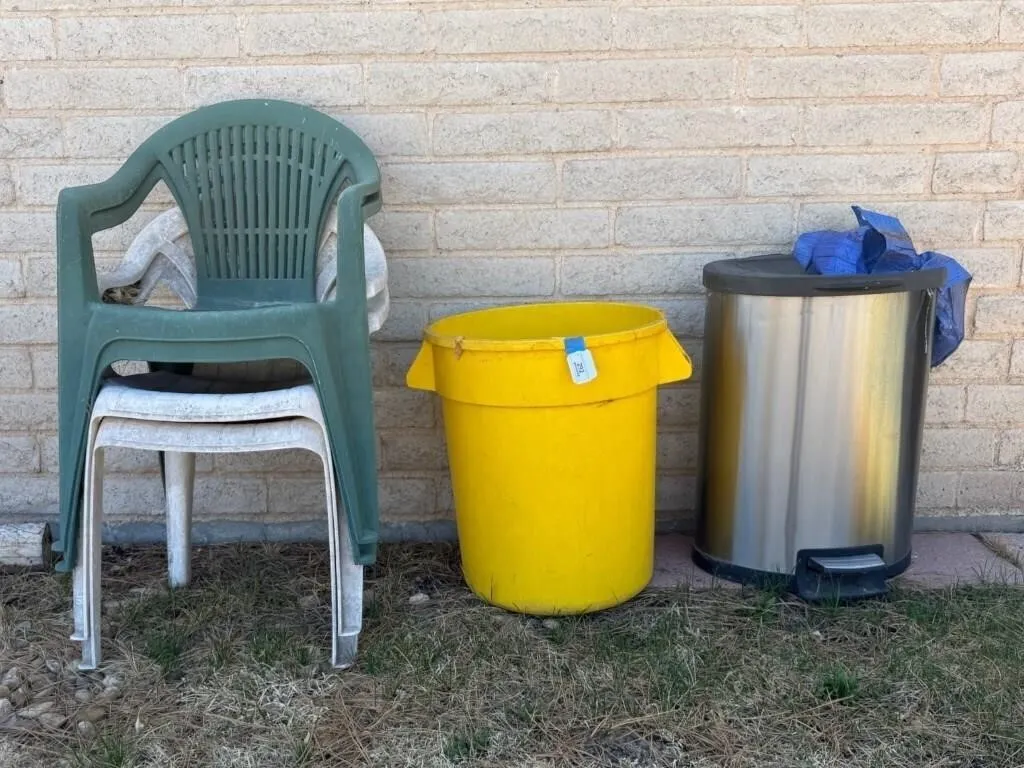 Plastic Outdoor Chairs, Yellow Trash Can, Bin