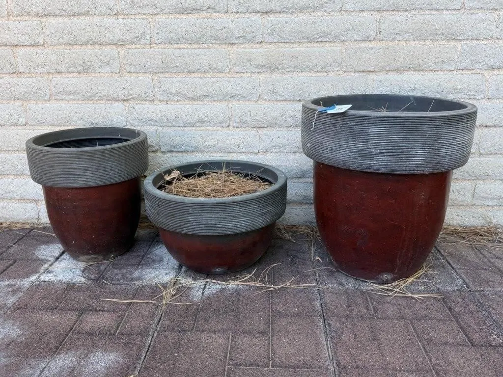 Three Outdoor Glazed Ceramic Planters