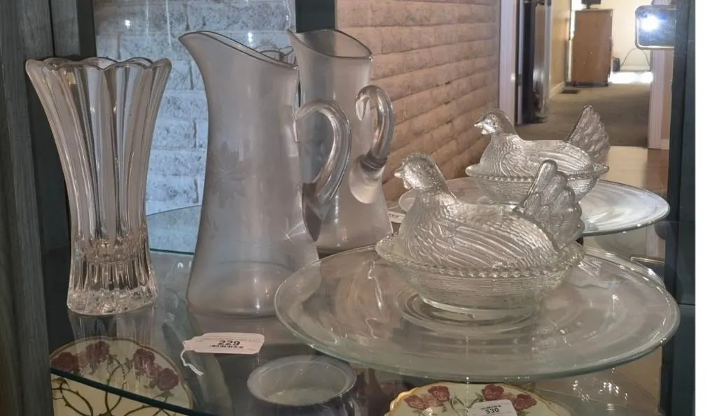 Glass Pitcher and Vase Set with Chicken Dish