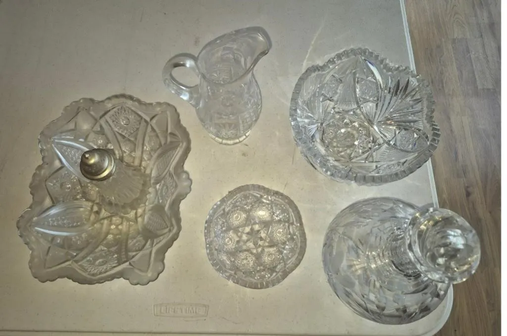Cut Crystal Glass Pitcher, Bowl, Decanter Set