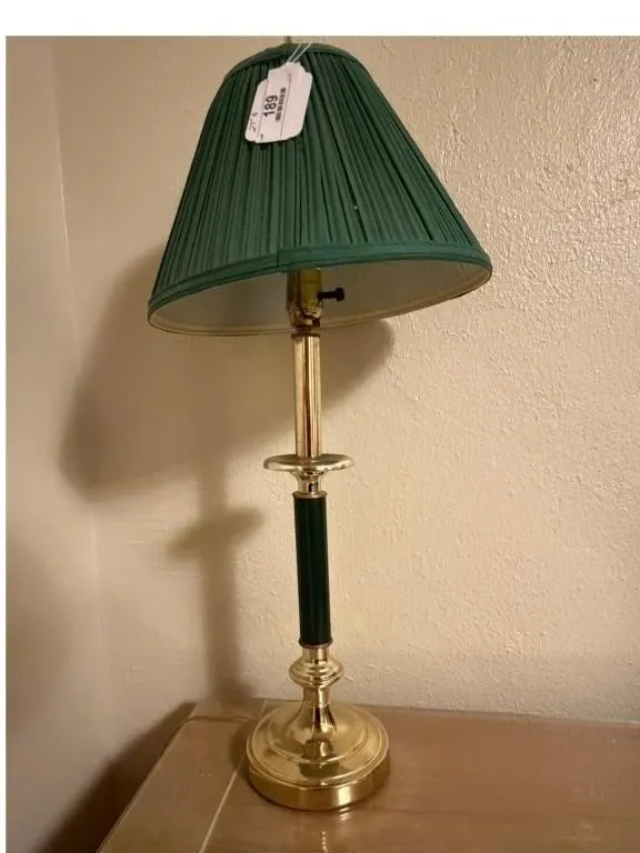 Brass Tone Accent Lamp with Green Shade