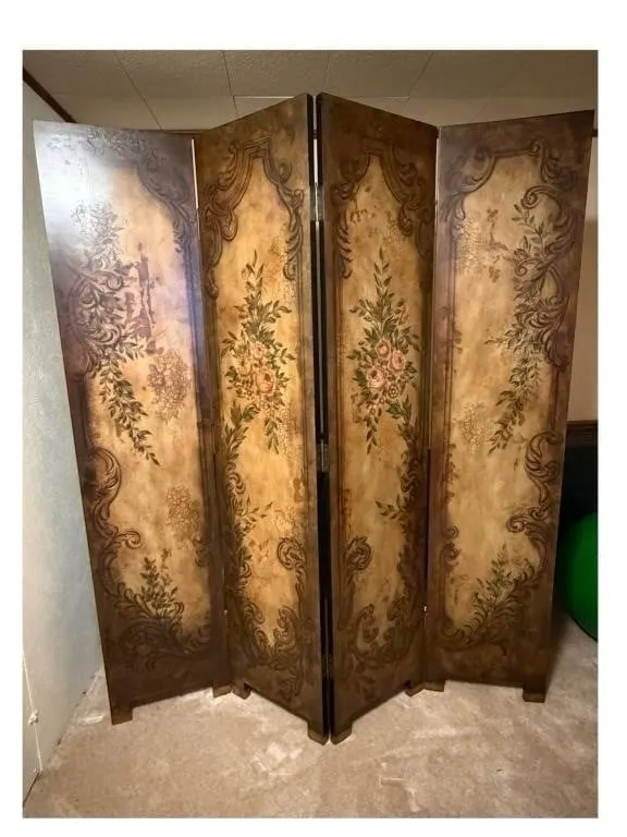 Floral Painted 4-Panel Folding Wood Screen