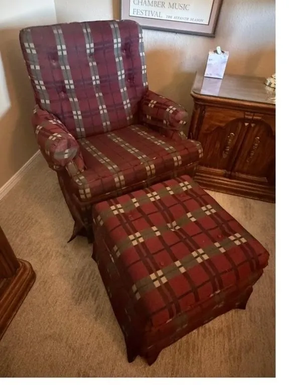 Plaid Upholstered Armchair and Ottoman Set