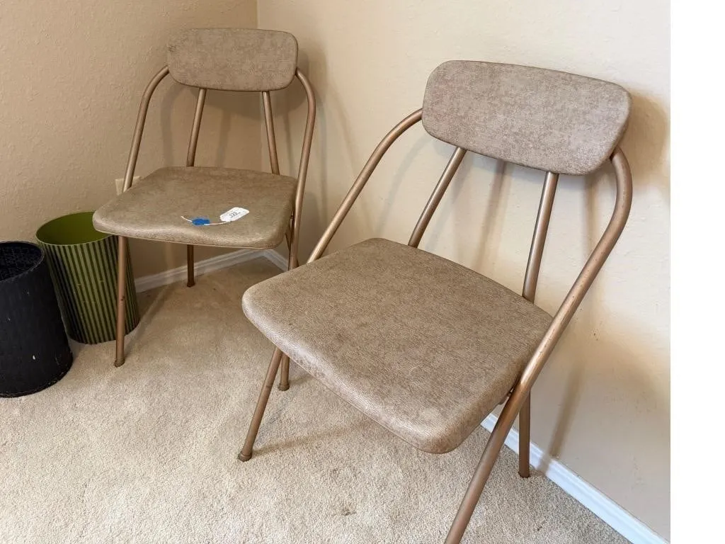 Two Metal Frame Chairs & Trash Cans