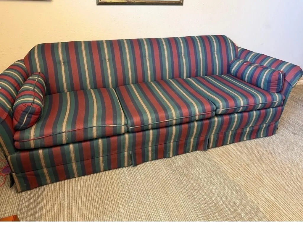 Striped Upholstered Sofa with Bolster Pillows