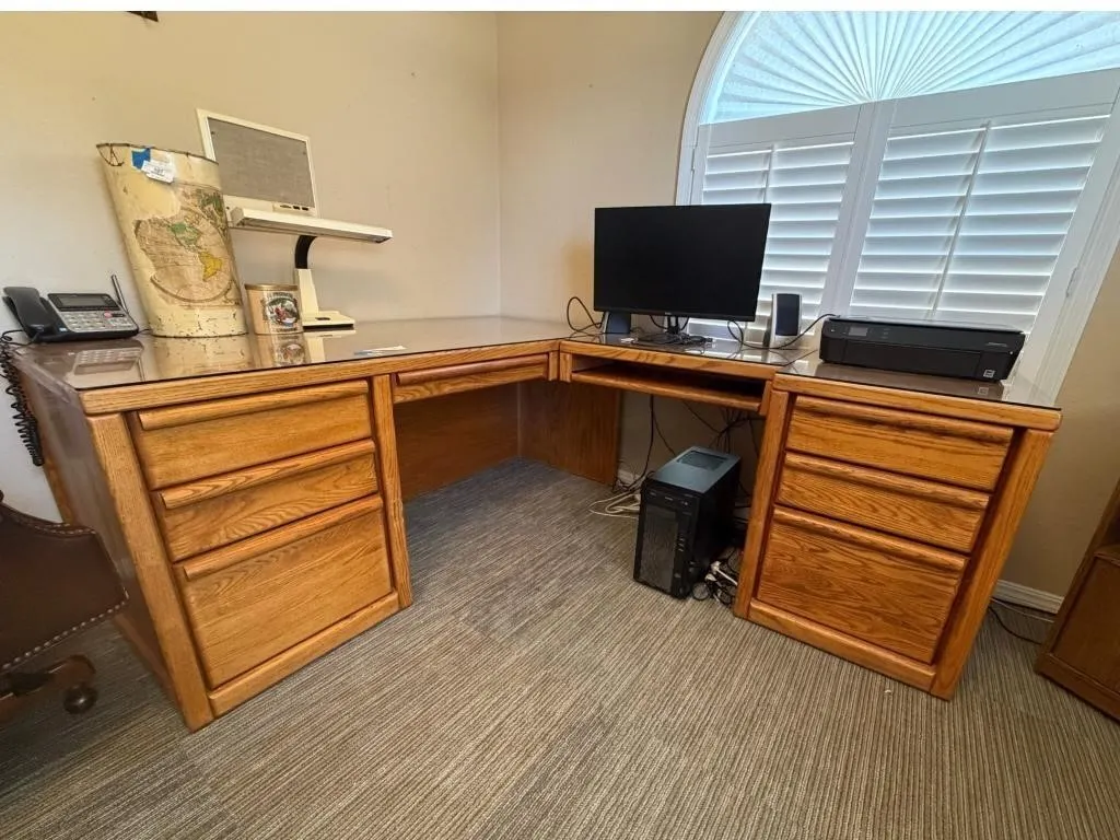 L-Shaped Wood & Glass Top Desk
