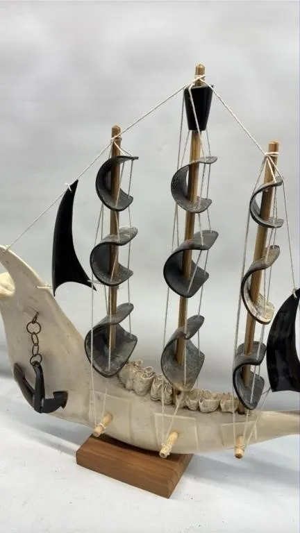 Vintage Jawbone & Horn Carved ship boat