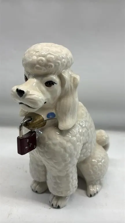 Antique ceramic Poodle coin Bank with lock