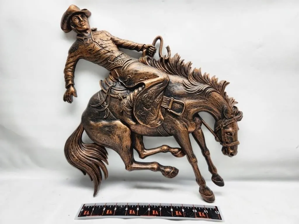 Bronze-Finish Bucking Bronco Cowboy Wall Sculpture
