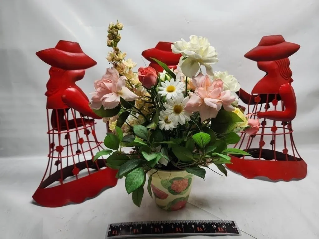 Red Metal Lady Figures & Faux Floral Arrangement
