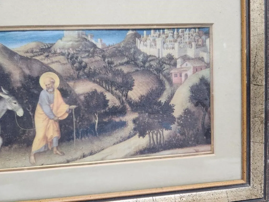 Framed Religious Print, Pilgrim & Village Scene