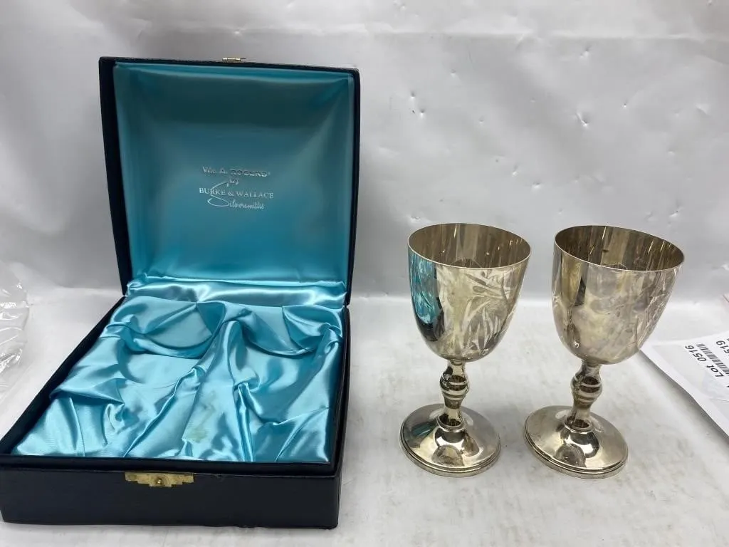 Silver-plate goblets pair with fitted presentation