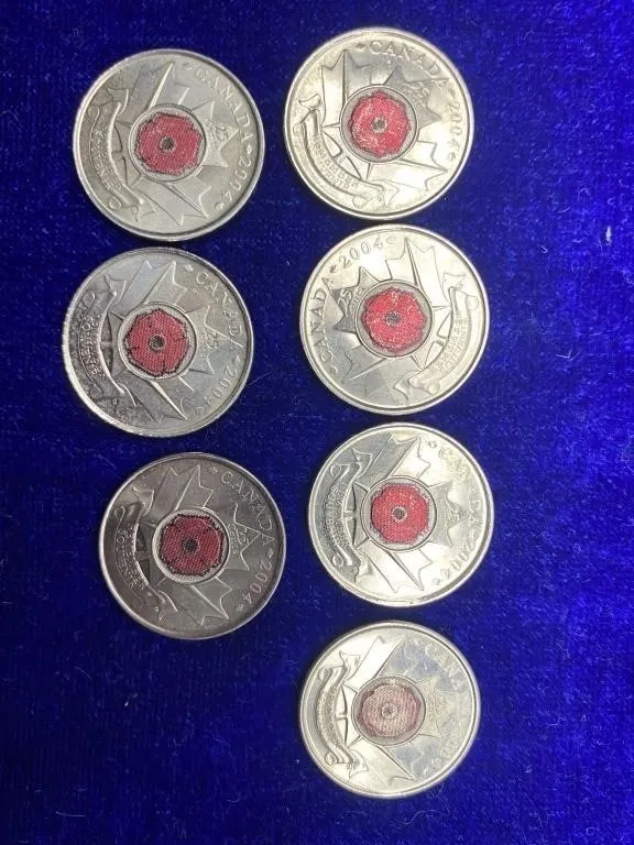 Set of 7 Canada 2004 Poppy 25-Cent Coins