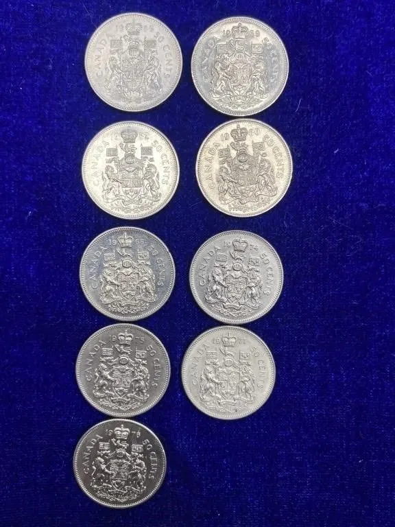 Lot of 9 Canada 50 Cents Coins, Various Dates