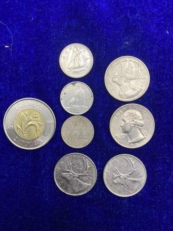 Canada & US Coin Lot: $2, 25c, 10c, Quarter