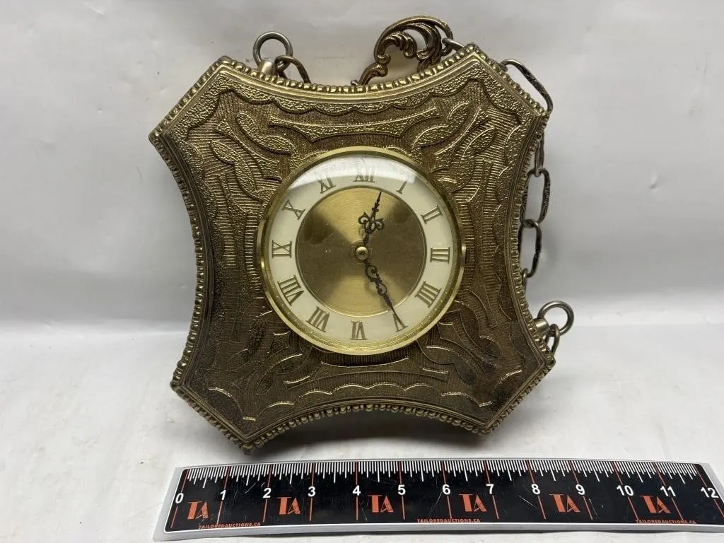 Ornate Brass Mantel Clock with Chain