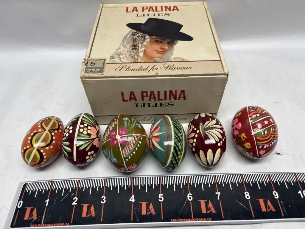 Set of 6 Hand-Painted Wooden Easter Eggs w/ La