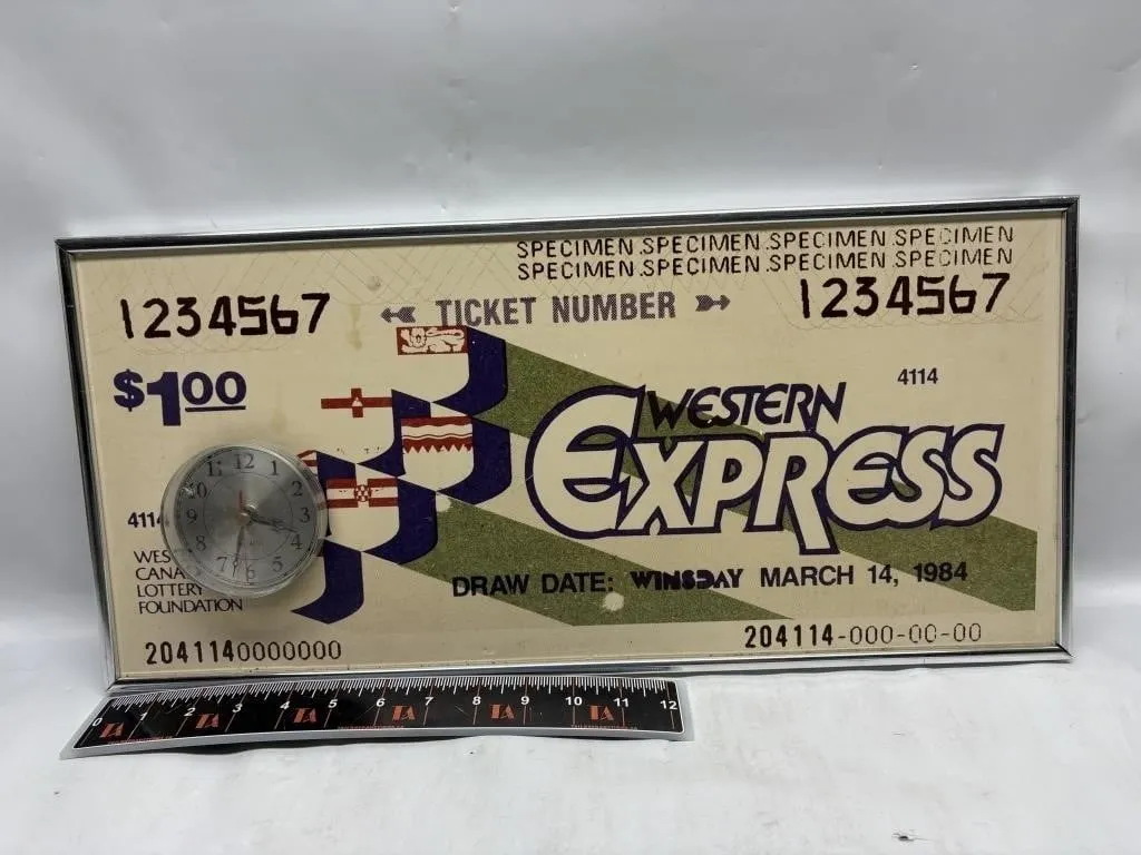 Western Express Lottery Ticket Sign with Clock