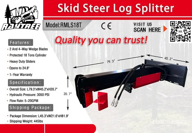 2026 Raytree RMLS18T 24 in Skid Steer Log Splitter (Unused)