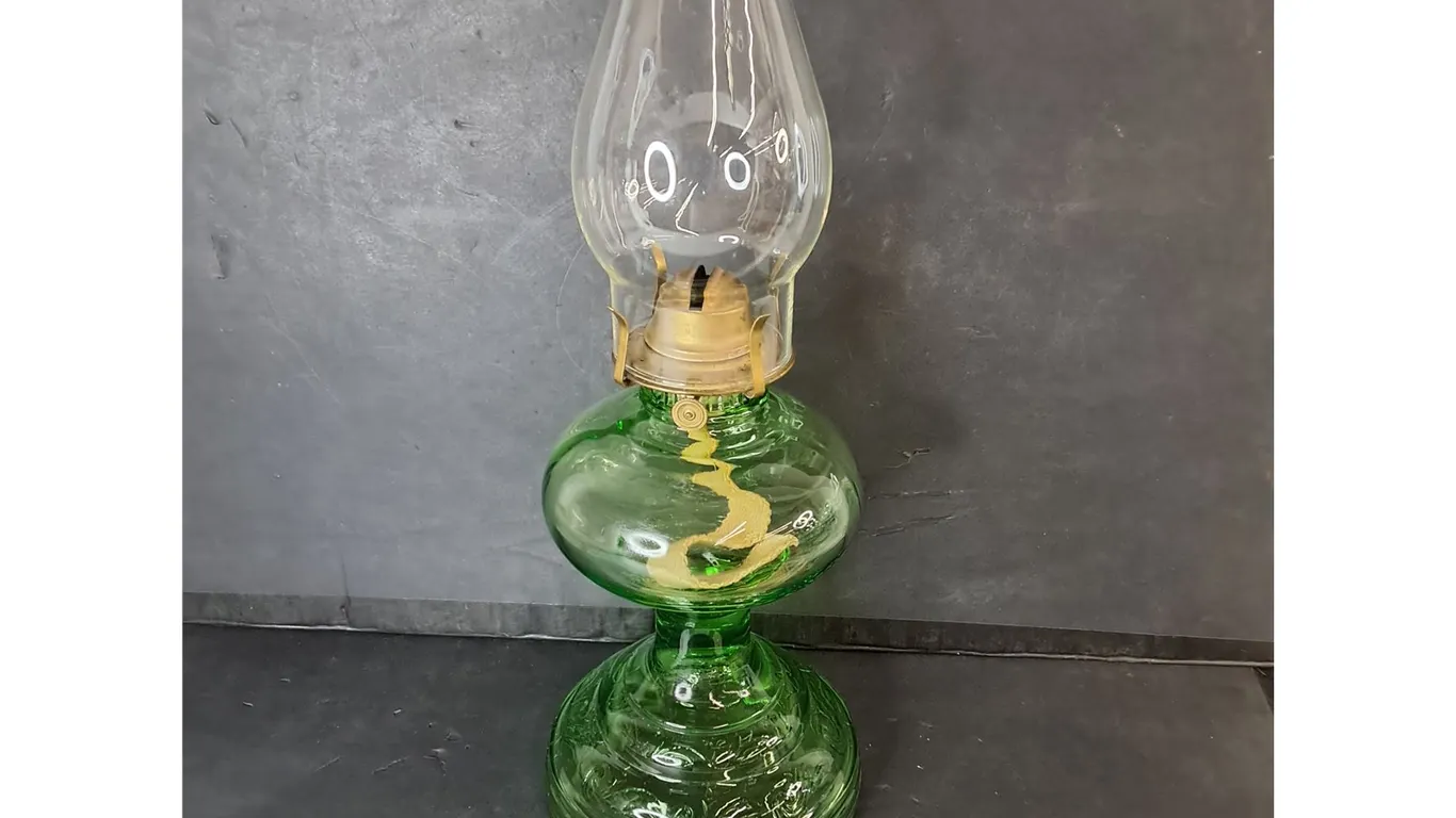 Uranium Glass Oil Lamp with Chimney 18.5" Tall