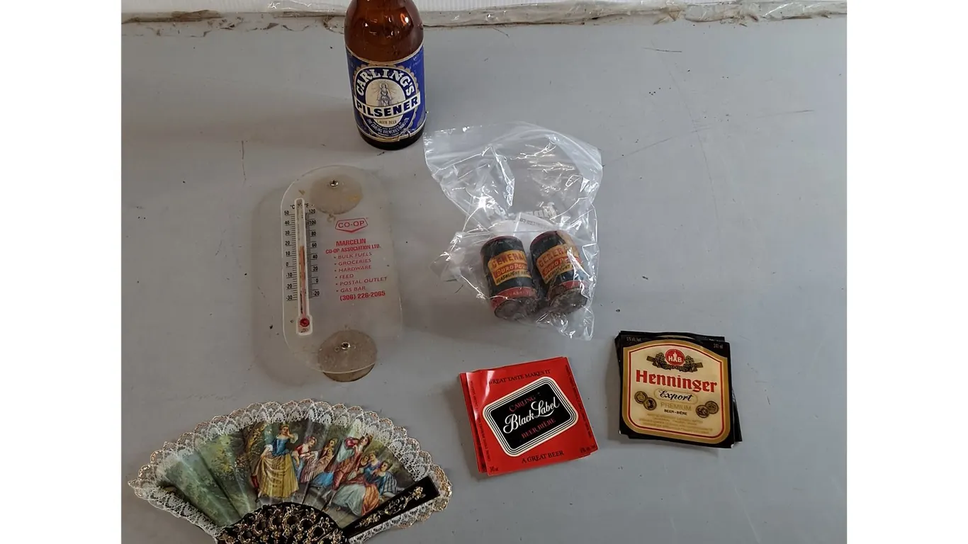 Carling's Pilsener Beer Bottle, Marcelin Co-op Thermometer, Renaissance Style Hand Fan, Misc.