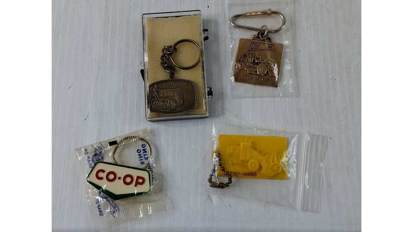 (4) Keychains, Caterpillar, Champion Motor Grader, Co-Op, Massey-Harris Combine Harvester
