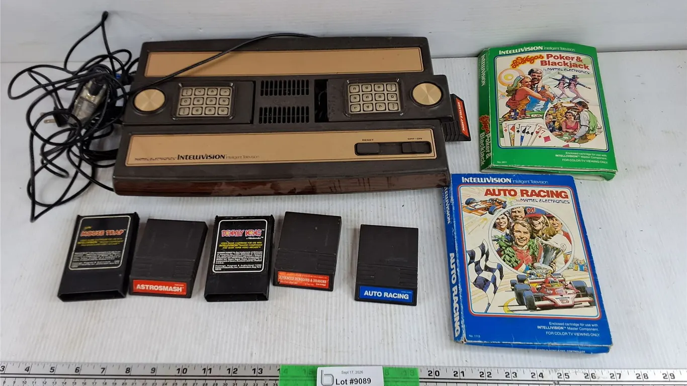 Intellivision Gaming Console & Assorted Game Cartridges - Auto Racing, Astrosmash, Mouse Trap, Misc