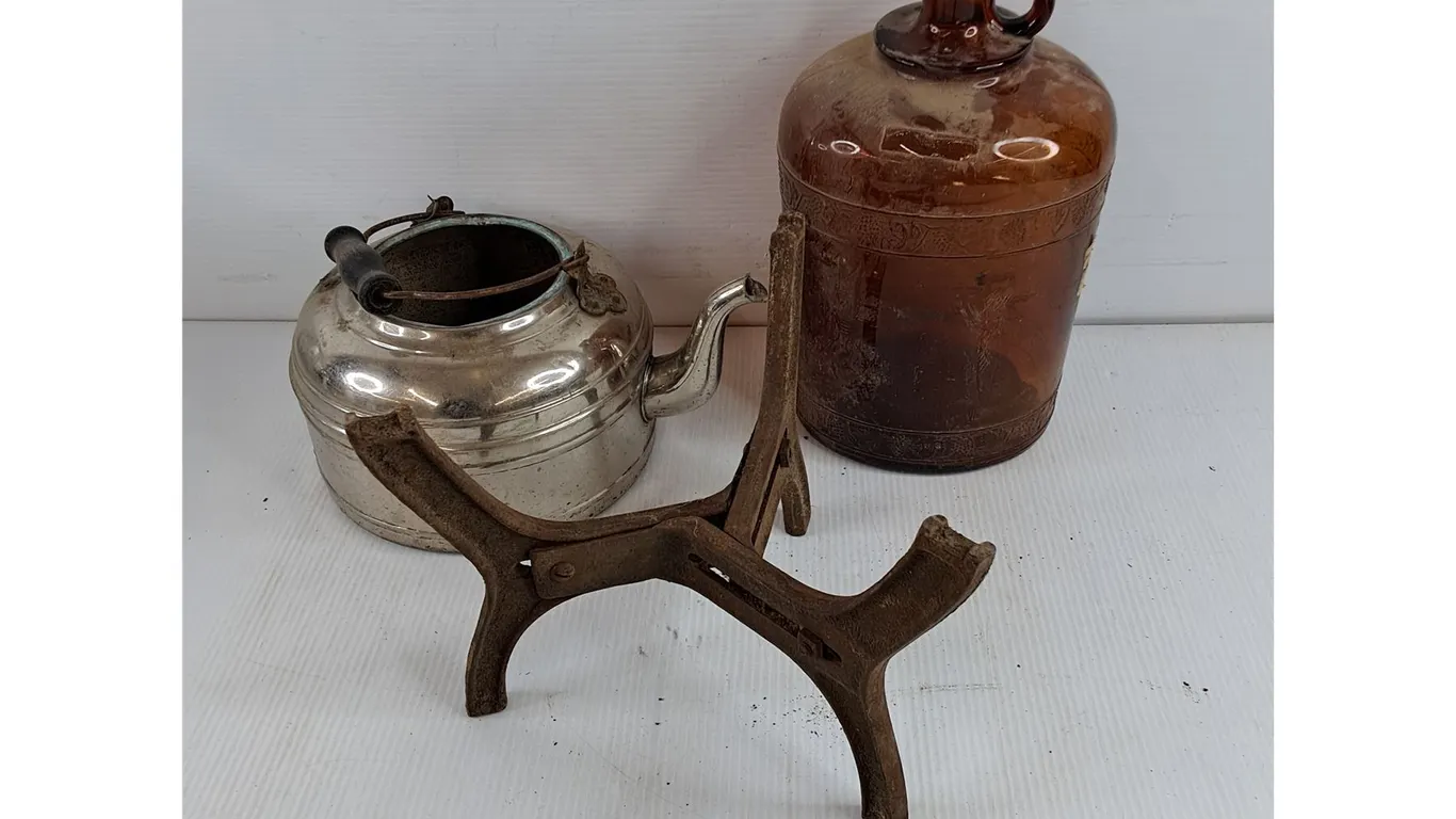Metal Tea Pot, Stand & Glass Jug