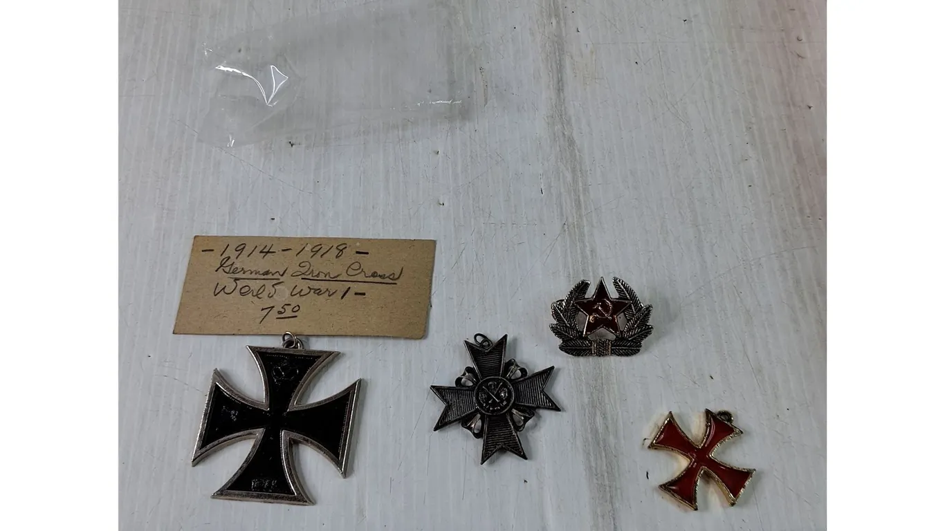 (3) Crosses, German Iron, German War Merit, Templar, Soviet Army Cap Badge Cannot Authenticate
